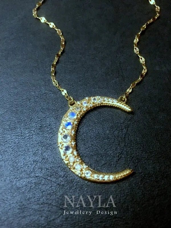 Crescent Moon Rainbow Moonstone CZ Diamonds Necklace Nayla Jewelry