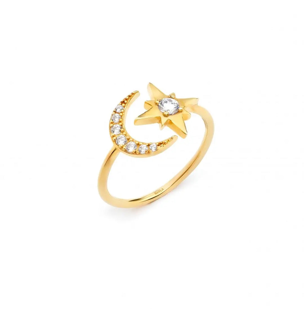 Crescent Moon & Star CZ Ring Nayla Jewelry