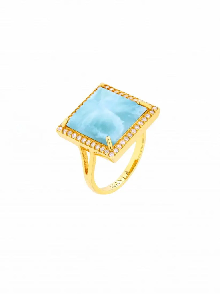 Larimar CZ Diamonds Square Ring Nayla Jewelry