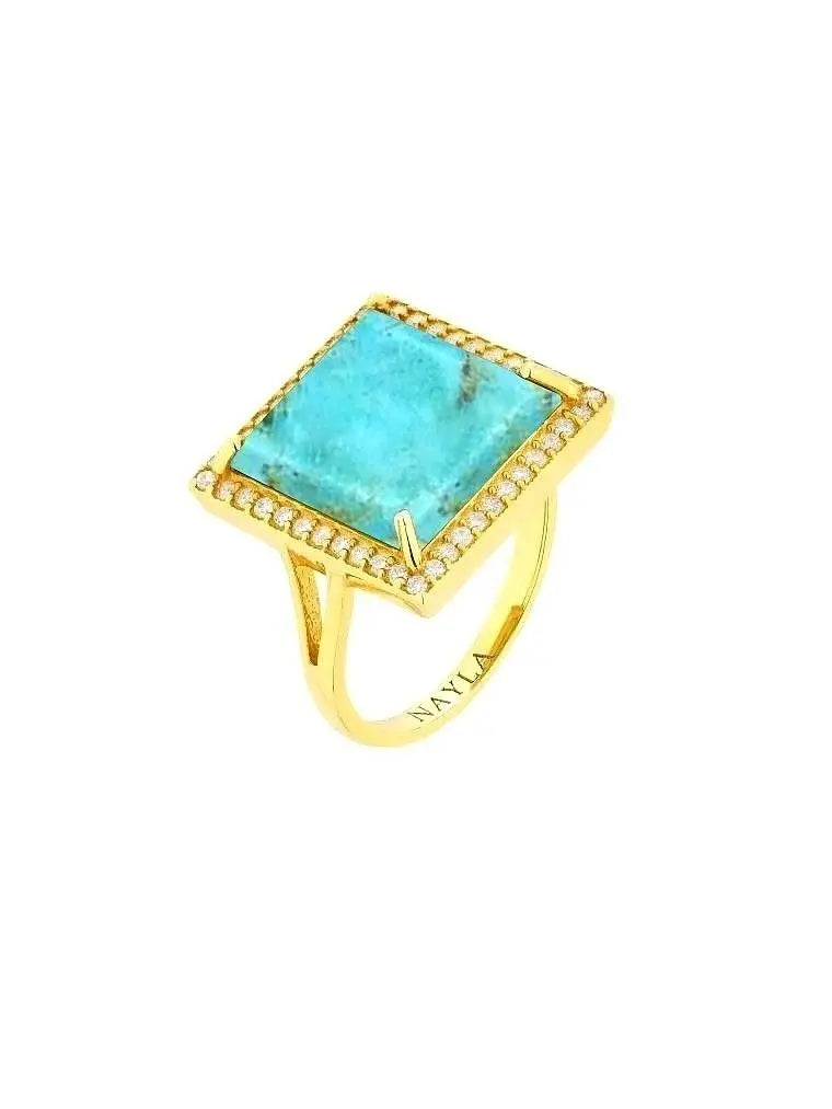 Mexican Turquoise CZ Diamonds Square Ring Nayla Jewelry