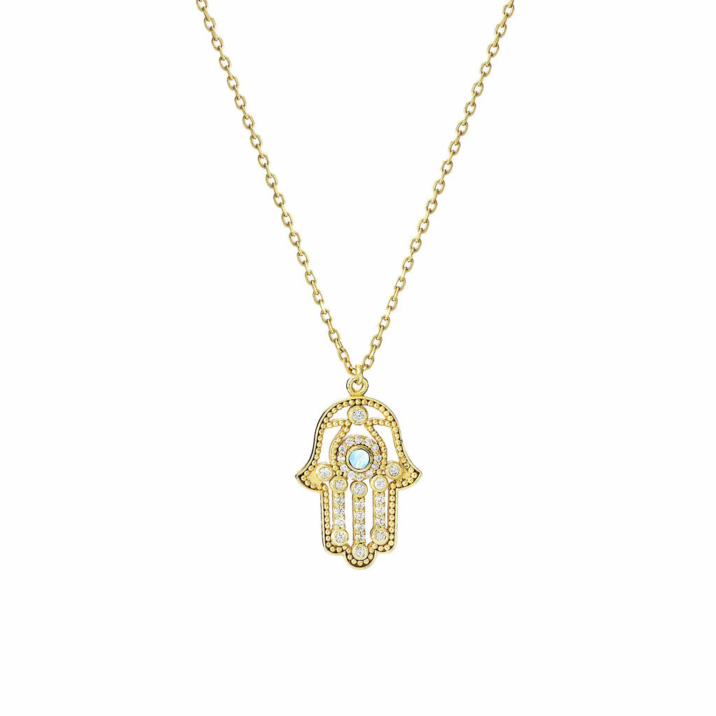 Moonstone CZ Diamonds Hamsa  Pendant Necklace Nayla Jewelry