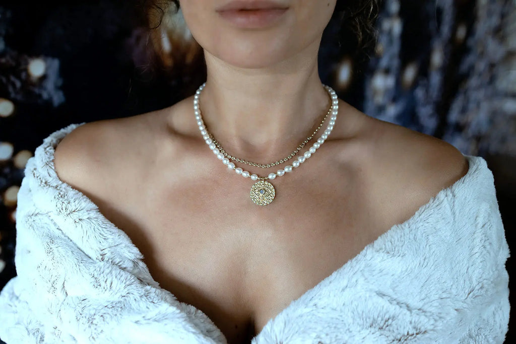 Moonstone Eye Protection Talisman  Pearl  Choker Necklace Nayla Jewelry